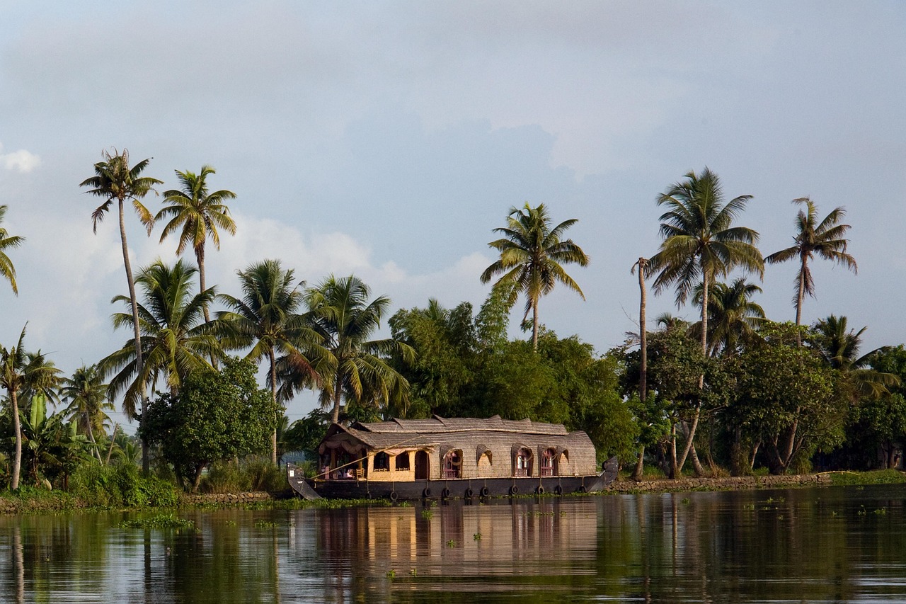 Kerala houseboat sailing along backwaters lined with palm trees – Kerala Luxury Trip